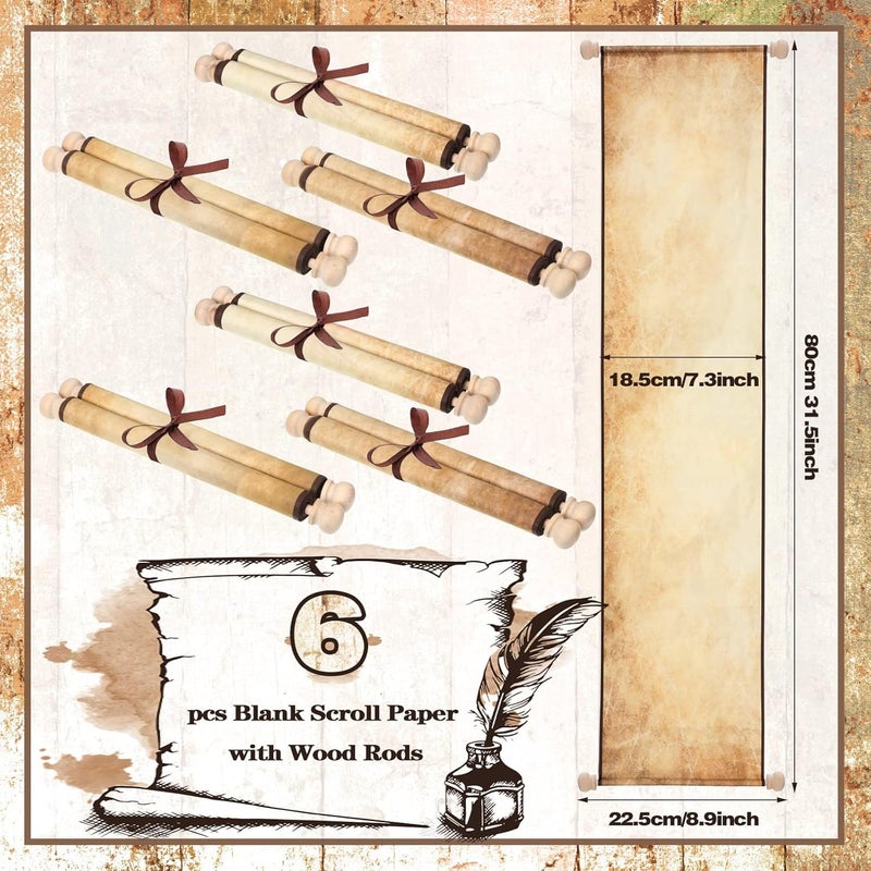 Sinmoe 6 Pcs Blank Scrolls Paper with Wood Rods Vintage Quick Drop Old Scrolls Paper with Rods for Writing Drawing Calligraphy Wedding Vows Invitation Cosplay Prop Renaissance Festivals, 7.3 x 30-32 Inch - Image 4
